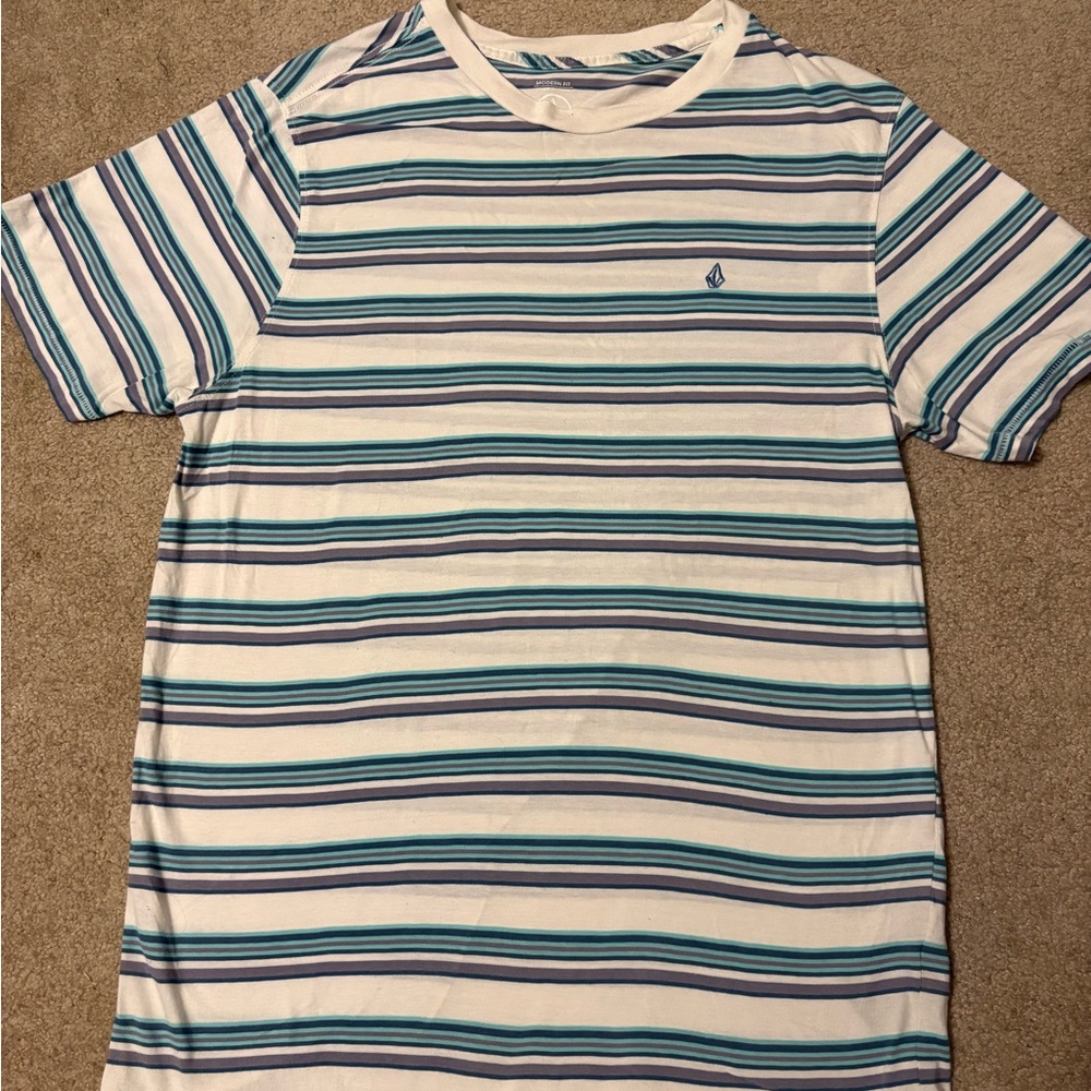 Volcom Blue and White Striped t-shirt